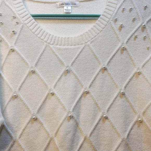 John Paul Richard Women's Cream Pearl Embellished Diamond Knit Sweater Size L - Picture 4 of 9